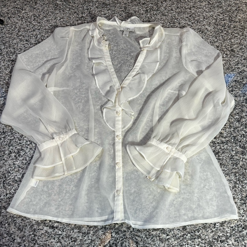 LOFT Ivory Sheer Ruffle-Trim Button Front Blouse Size Large